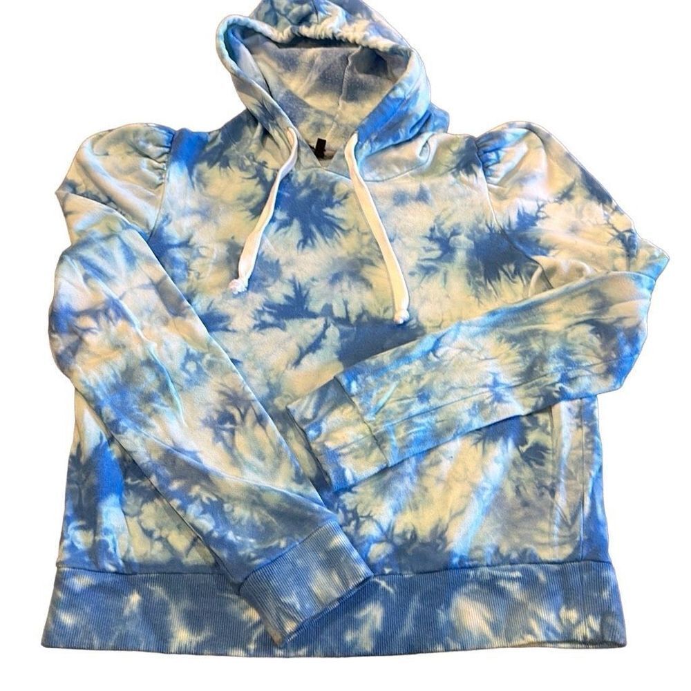 Generation Love Women’s Blue Tie Dye Puffy Shoulder Hooded Sweatshirt